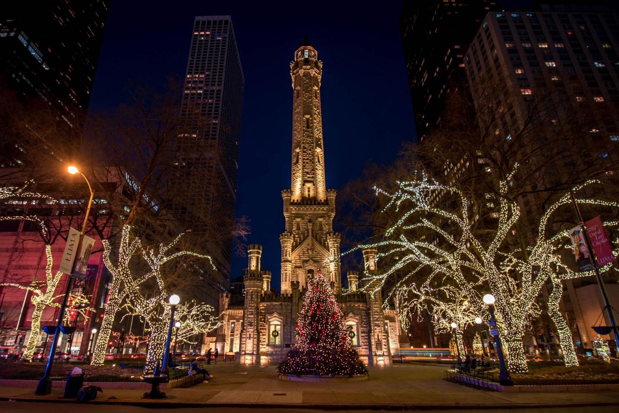 فندق سوفيتيل شيكاغو ماغنيفسنت مايل المظهر الخارجي الصورة The Chicago Water Tower at Christmas